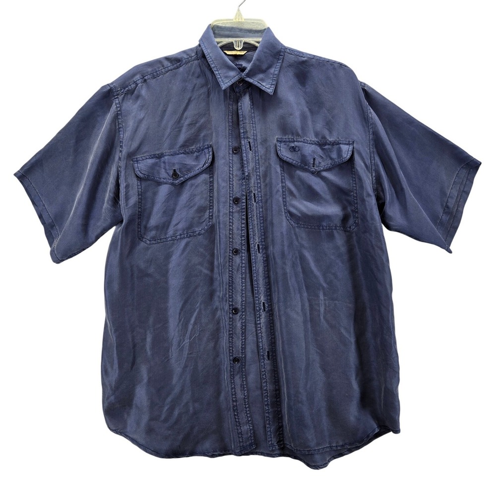 Vtg Valentino Uomo Men Navy Blue 100% Pure Silk Short Sleeve Button Down Shirt M